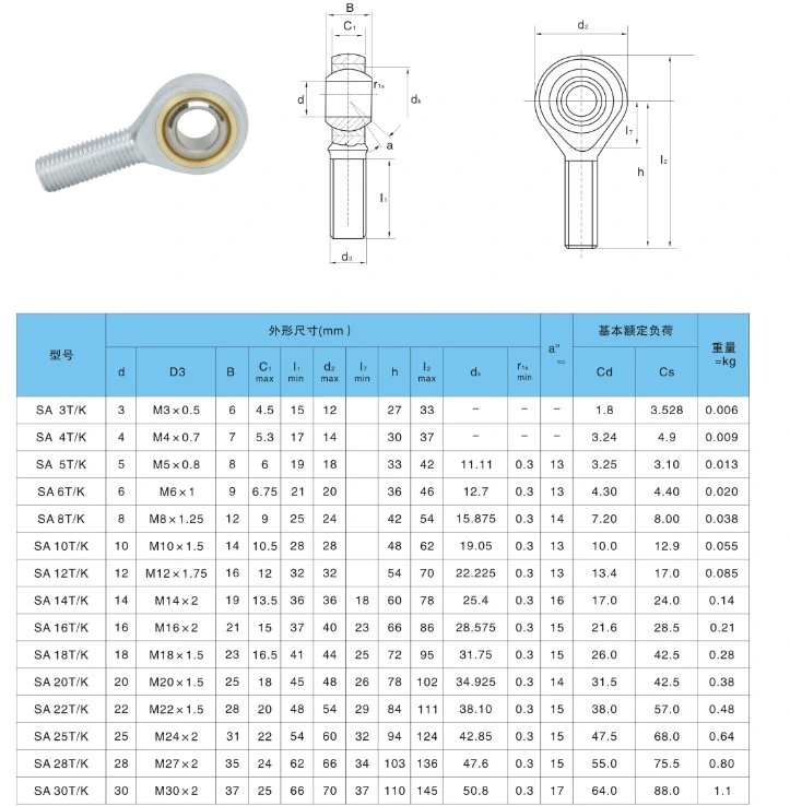 Small Tie Aluminum Rod Ends Ball Joint Rod End Bearing SA 3t/K SA 4t/K SA 5t/K SA 6t/K SA 8t/K SA 10t/K SA 12t/K SA 14t/K SA 16t/K SA 18t/K SA 20t/K SA 22t/K
